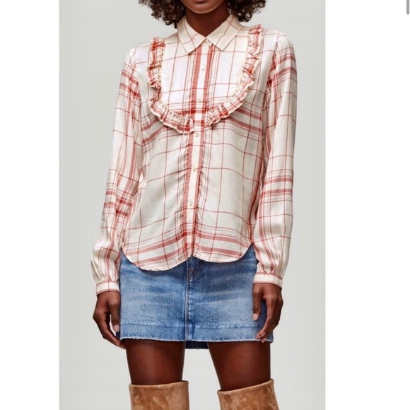FRAME Ruffle Front Button Down Plaid Shirt. - Picture 5 of 9